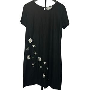 VTG Stonebridge Daisy Embroidered Shift Dress Black Sz 8 Linen Blend Whimsygoth
